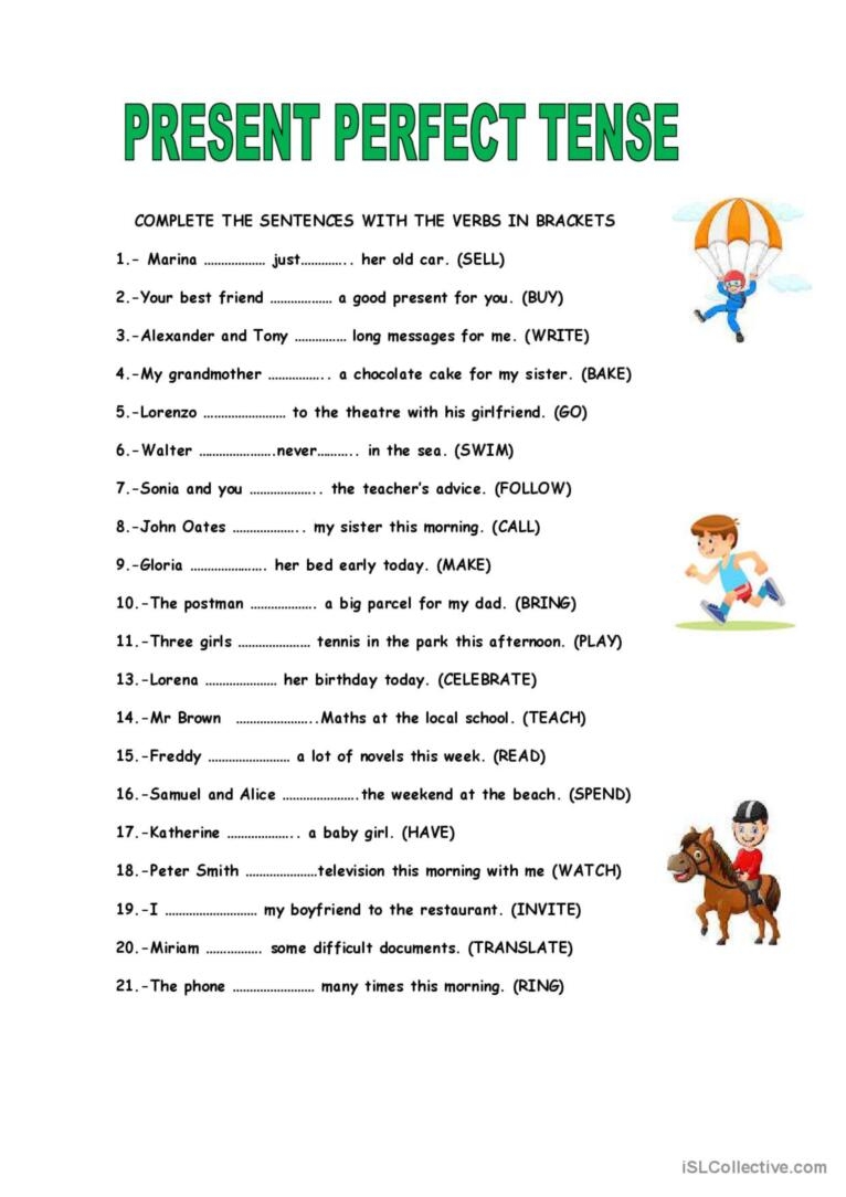 Present Perfect Tense ESL Word Order Exercise Worksheet Worksheets 
