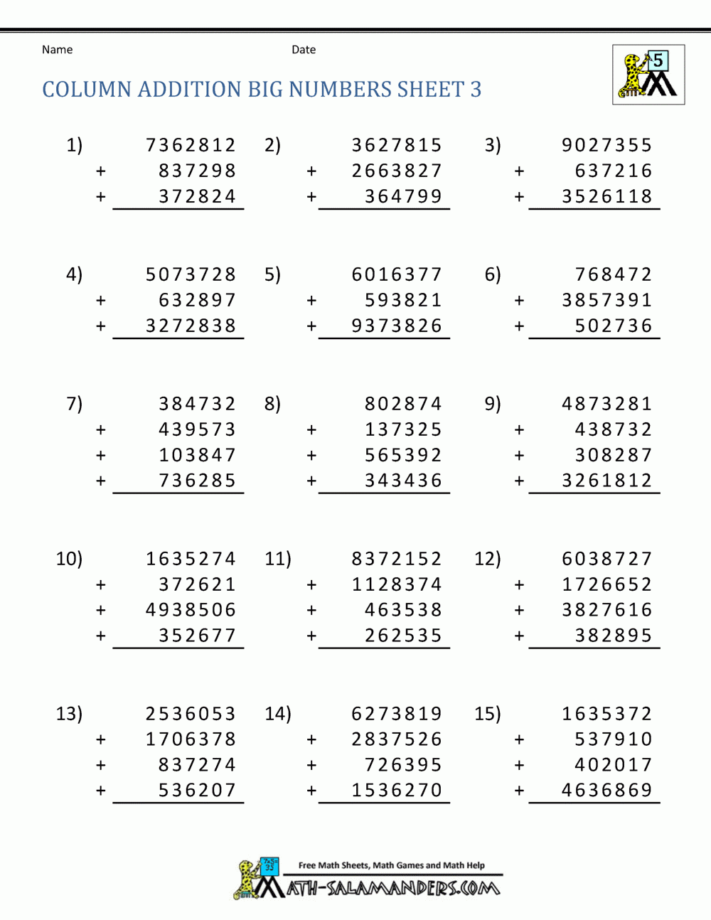 Printable Addition Worksheets 5th Grade