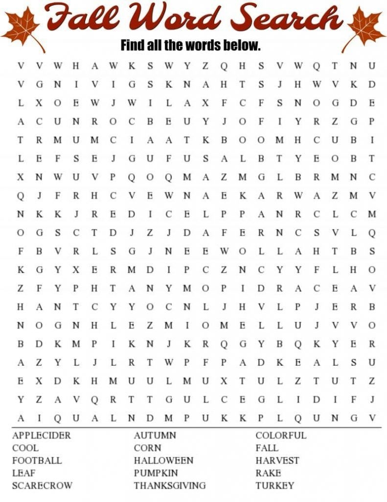 Printable Fall Crossword Puzzles