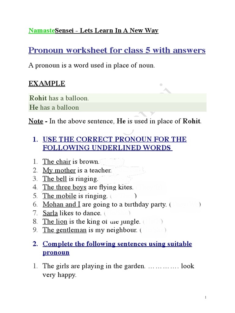Pronoun Worksheet For Class 5 PDF Worksheets Library