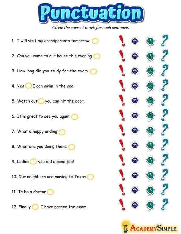 Punctuation Exercises Worksheets Worksheets For Kindergarten