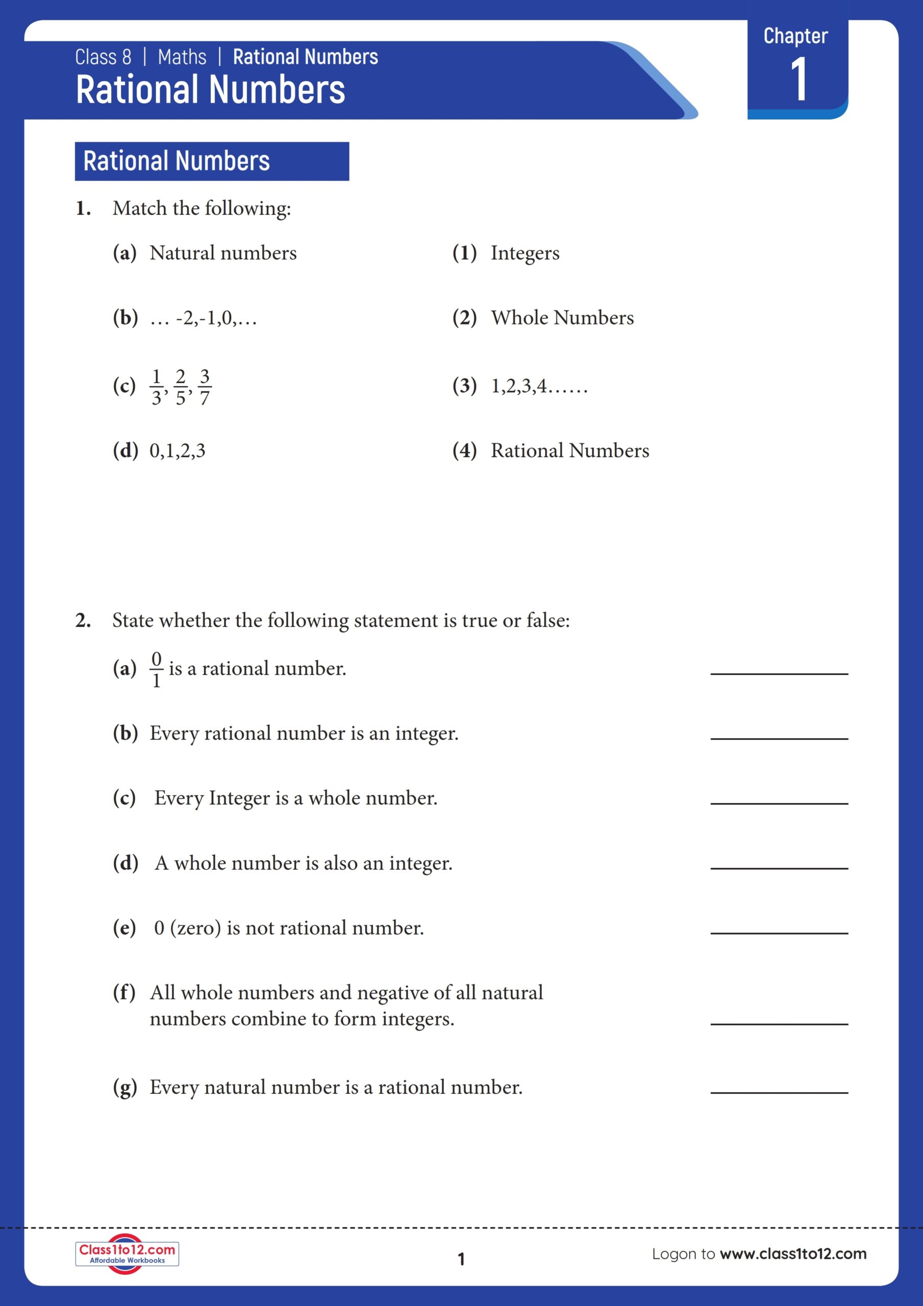 Rational Numbers CBSE Class 8 Maths Worksheet Class1to12