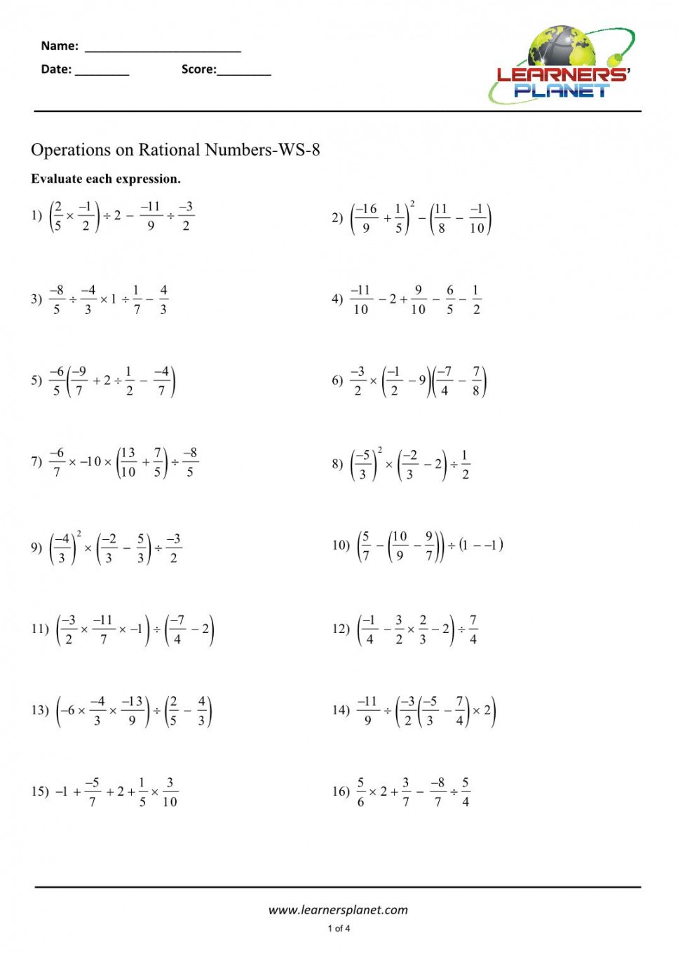 Rational Numbers Worksheet Grade 7 Printable PDF Template