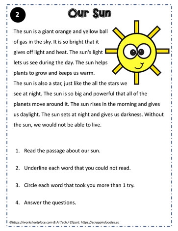 Reading Comprehension About The Sun Worksheets