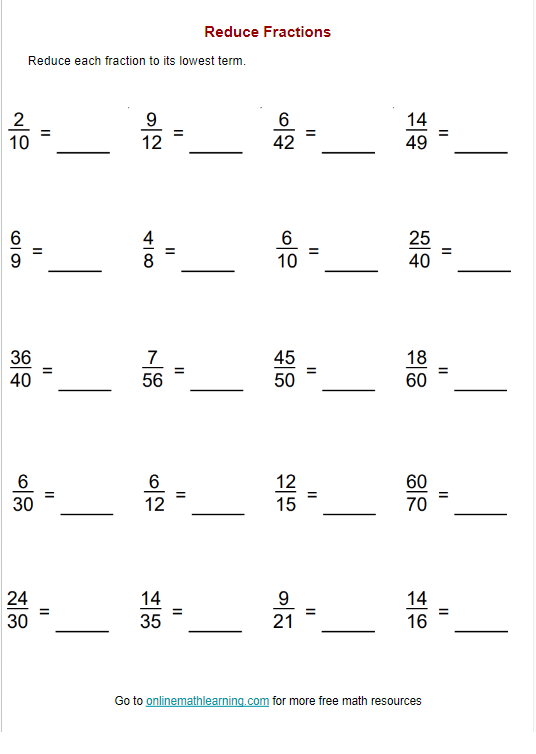 Reduce Fractions Worksheet examples Answers Videos Activities