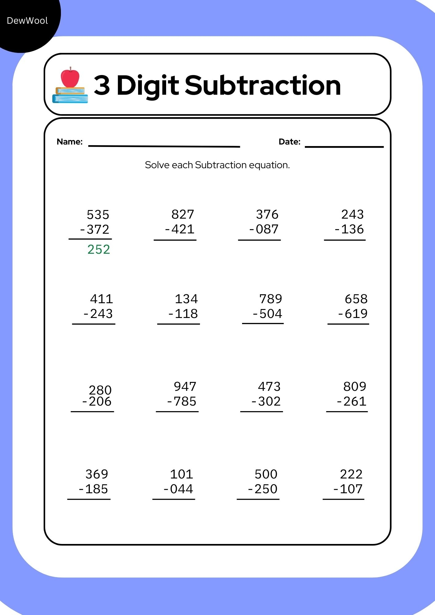 Regrouping Subtraction 3 Digit Numbers