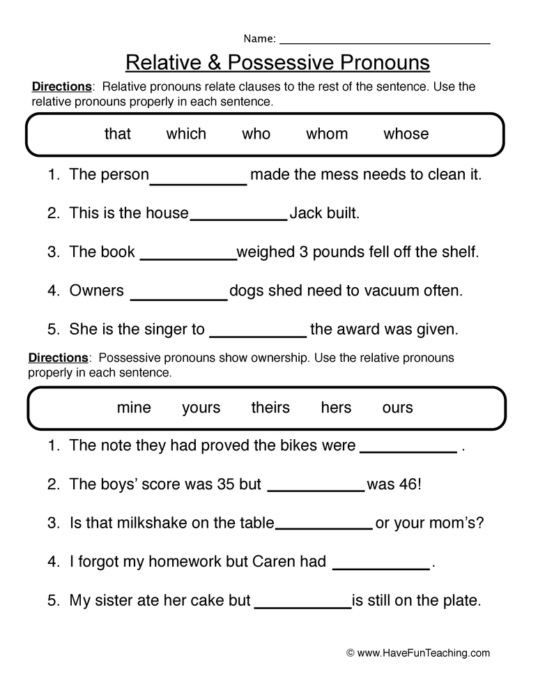 Relative And Possessive Pronouns Worksheet Have Fun Teaching