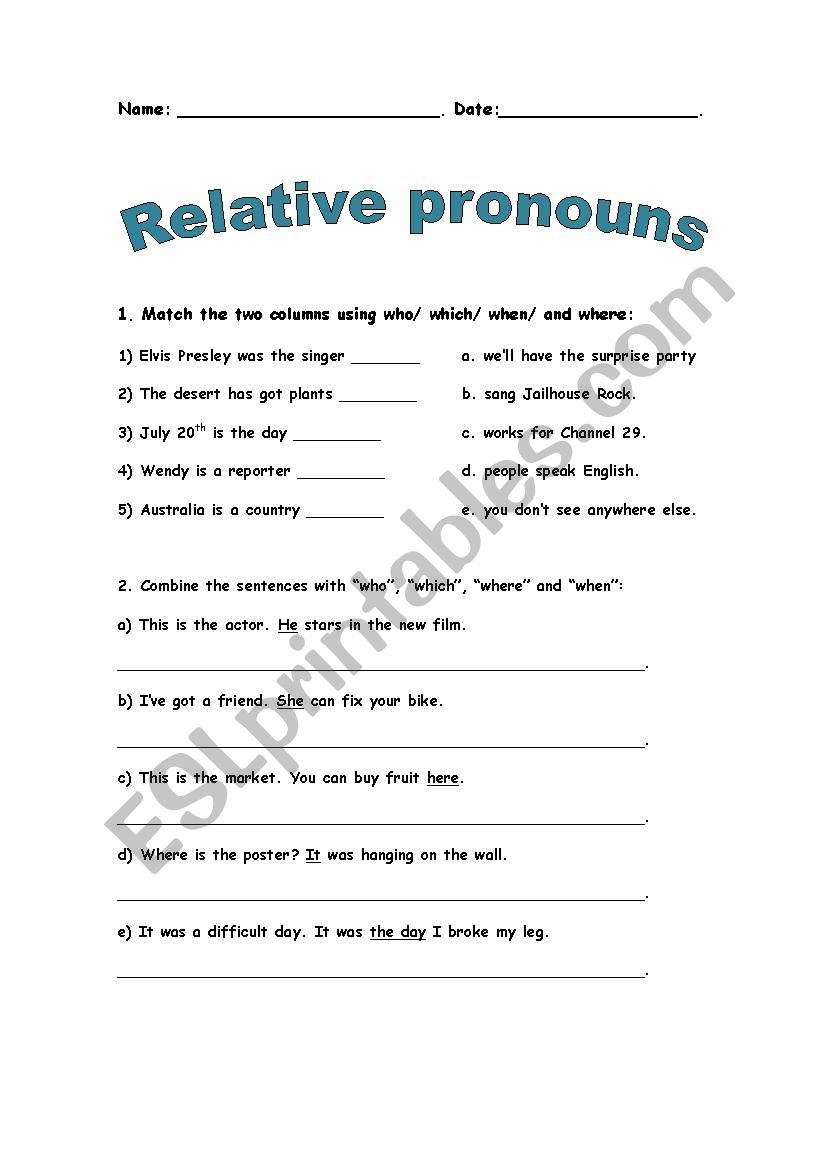 Relative Pronouns Esl Worksheets