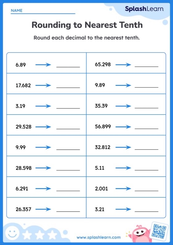 Rounding Decimals To The Nearest Tenth Printable Math Worksheet 