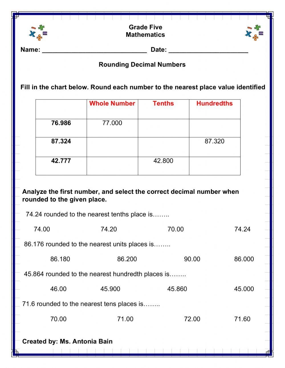 Rounding Decimals Worksheet For 5th Grade With Answer Key Free PDF 