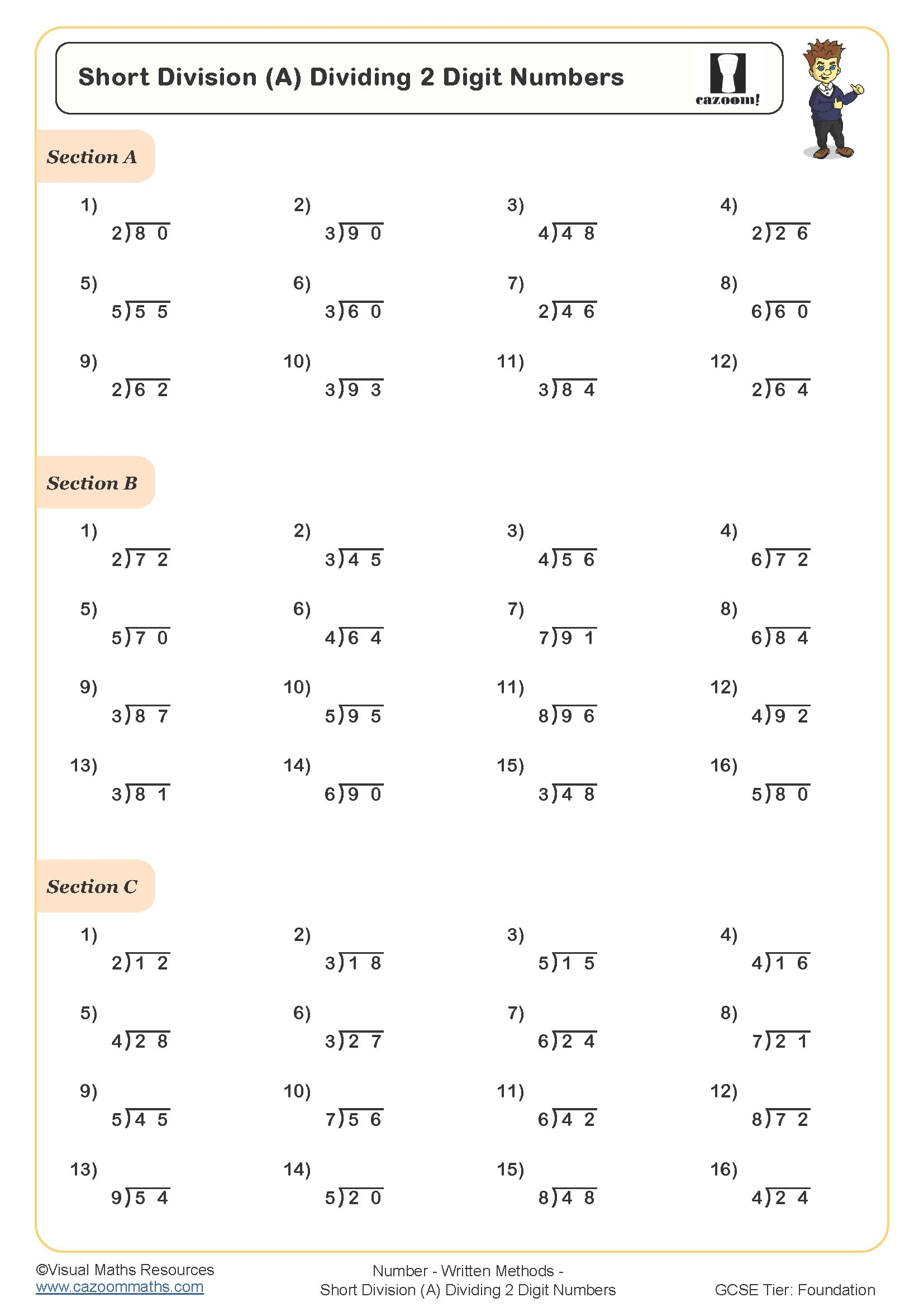 Short Division A Dividing 2 Digit Numbers Worksheet Printable 