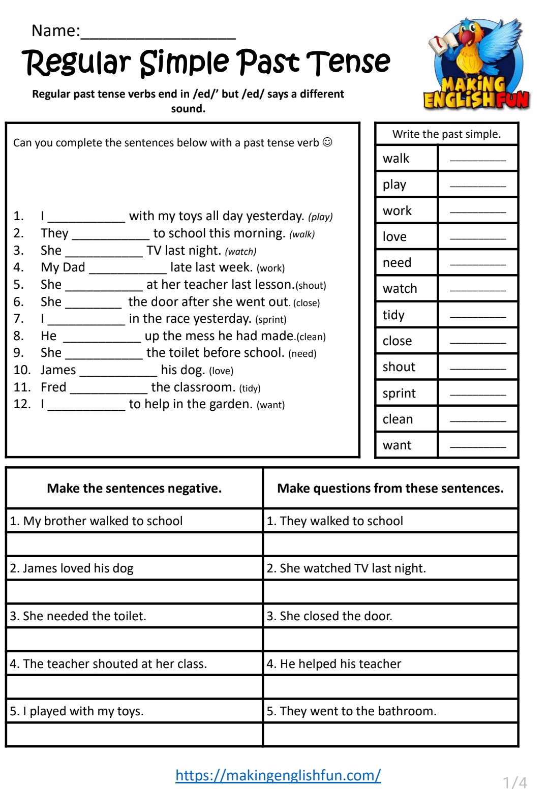 Simple Past Worksheet 4 Pages