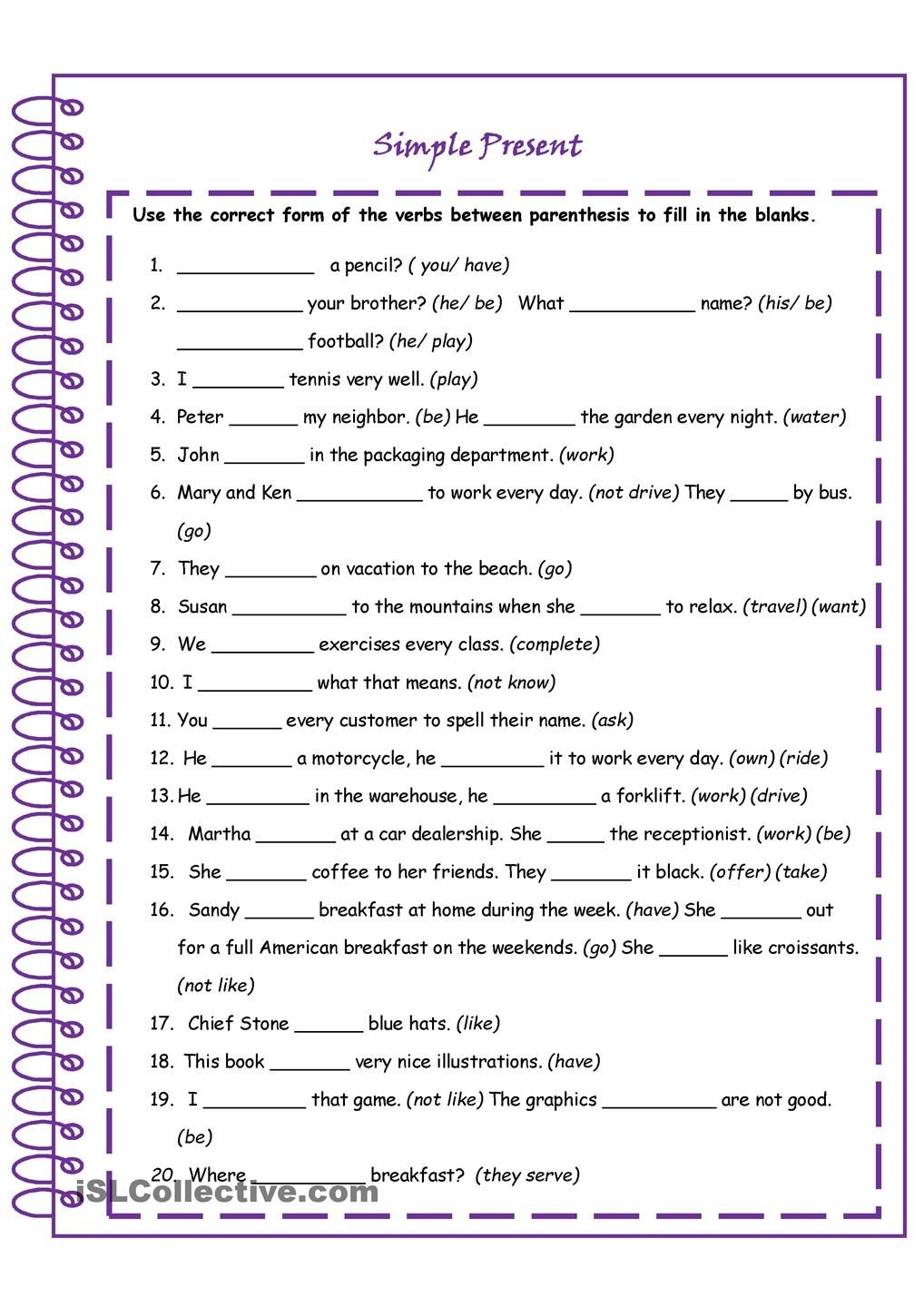 Simple Present Tense Worksheet For Class 5