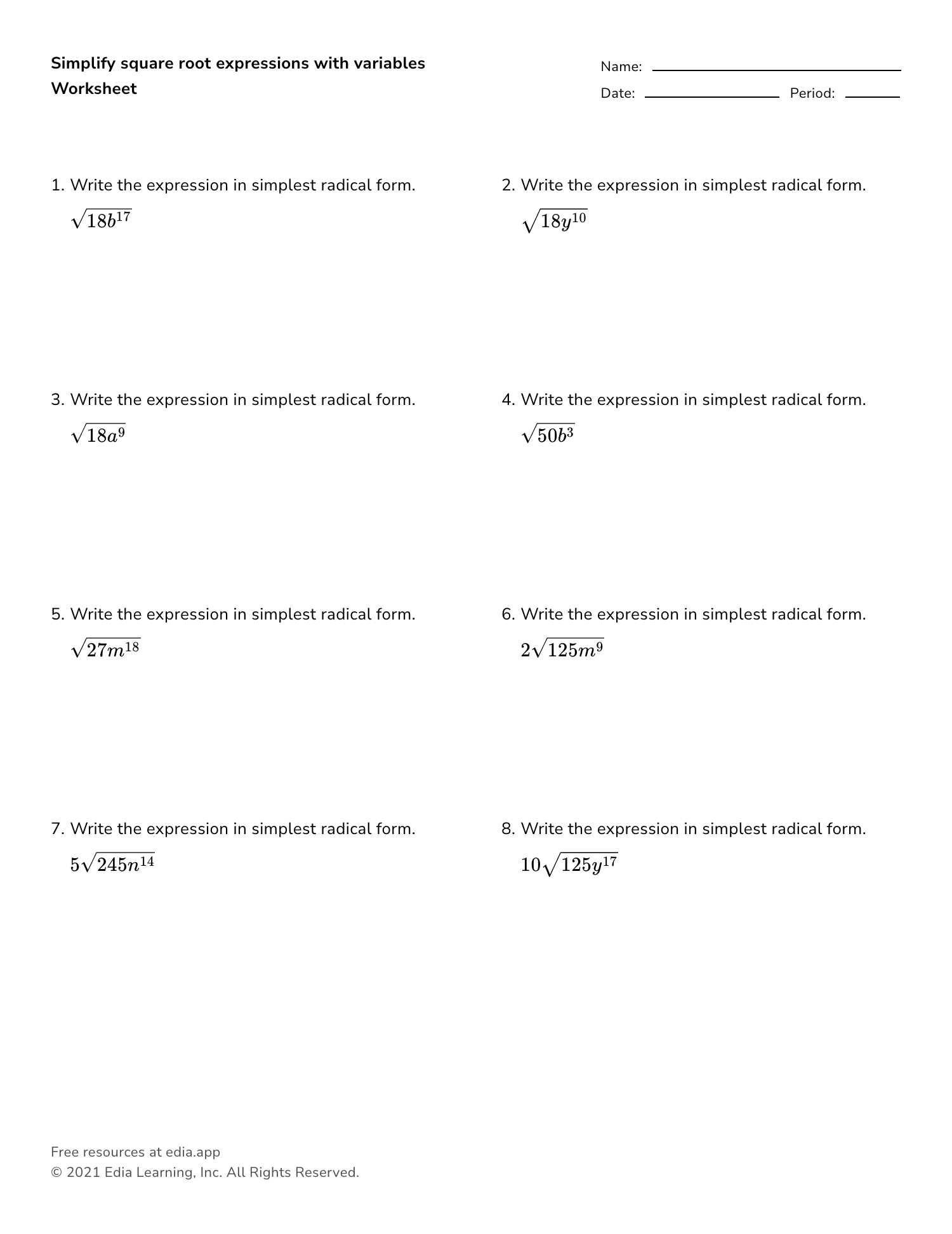 Simplify Square Root Expressions With Variables Worksheet 
