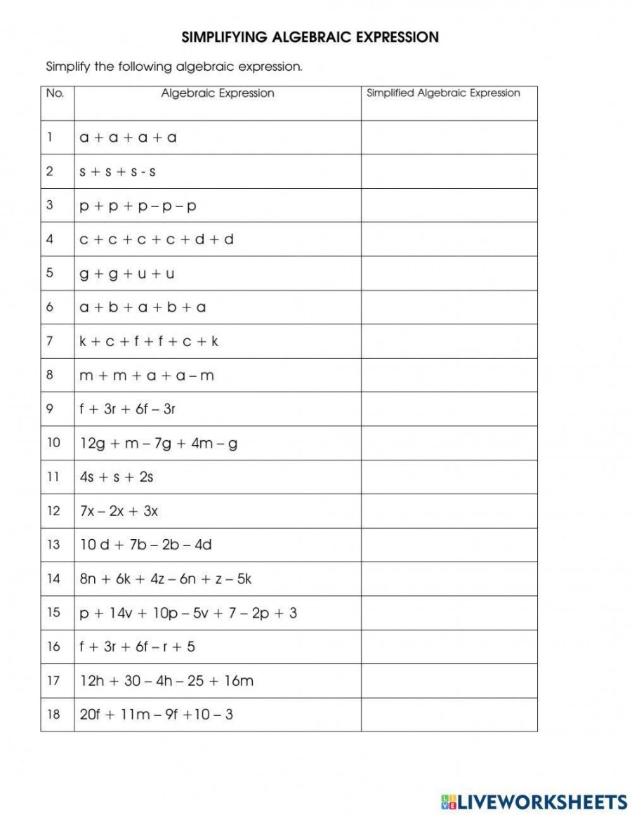 Simplifying Algebraic Expressions Worksheet