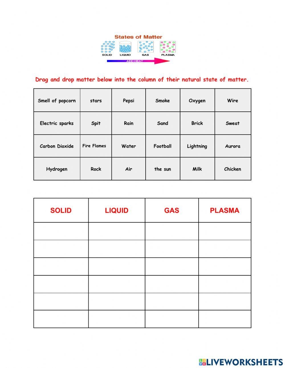 Solid Liquid Gas Or Plasma Worksheet Live Worksheets Worksheets 