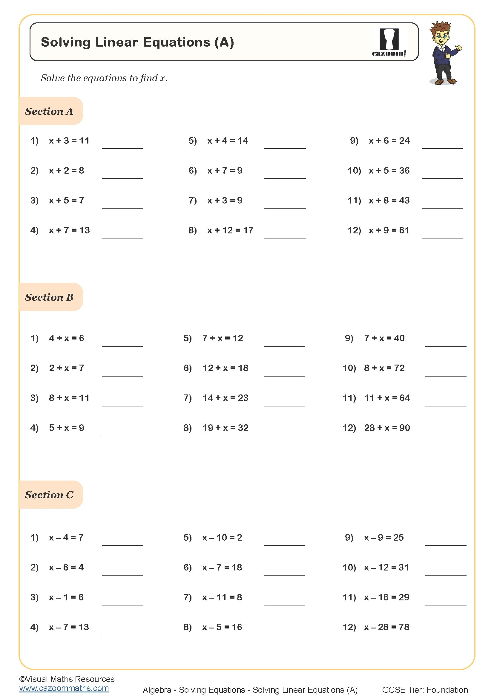 Solving Linear Equations A Worksheet Cazoom Maths Worksheets 