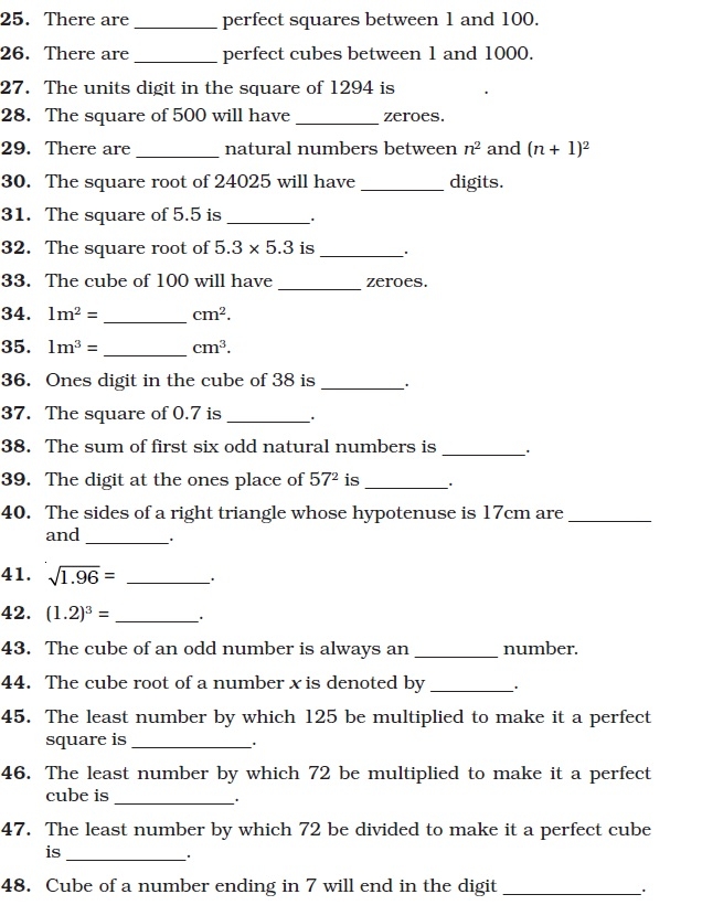 Square And Square Roots Class 8 Worksheet