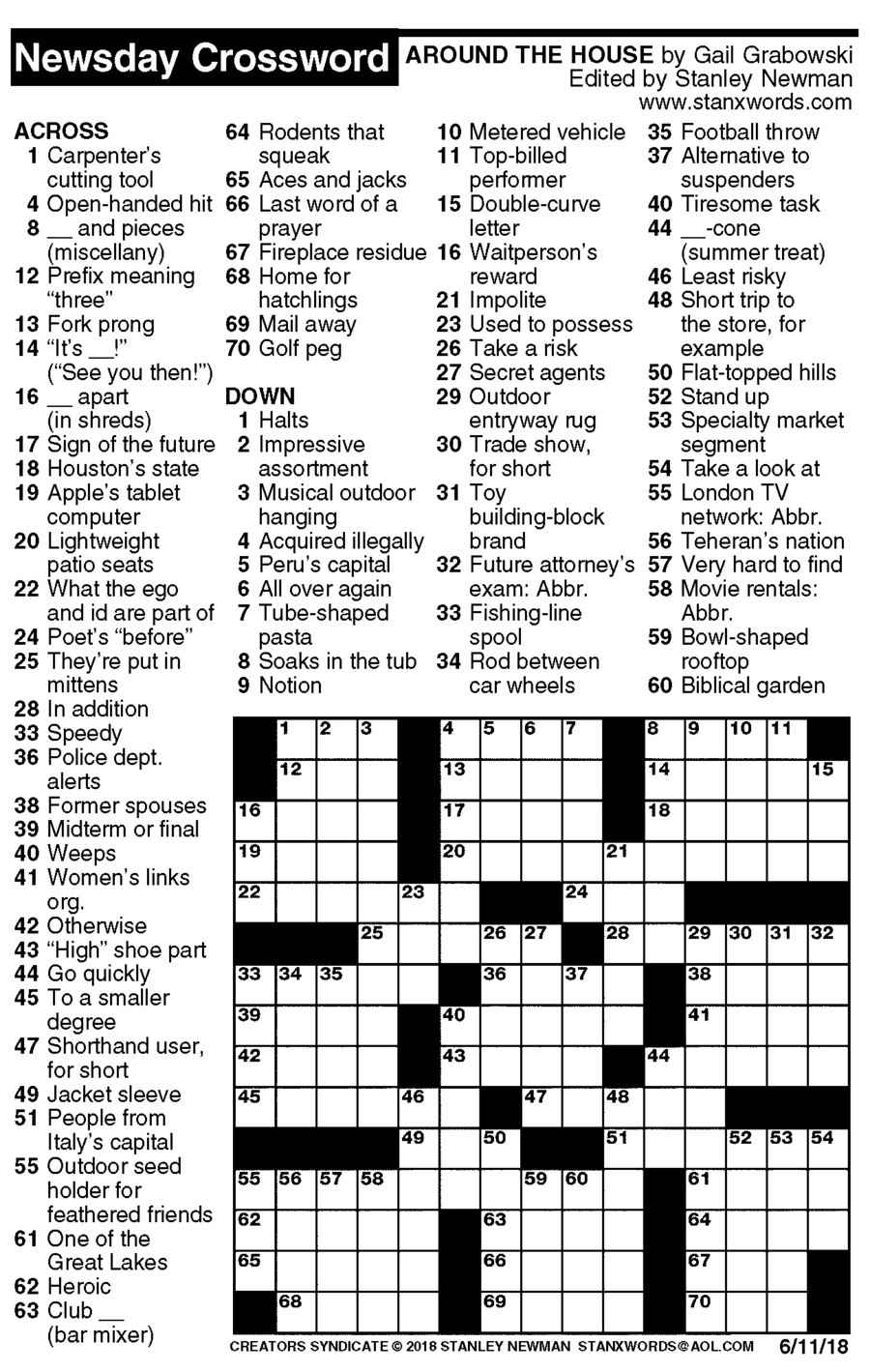Stanley Newman Crossword Printable