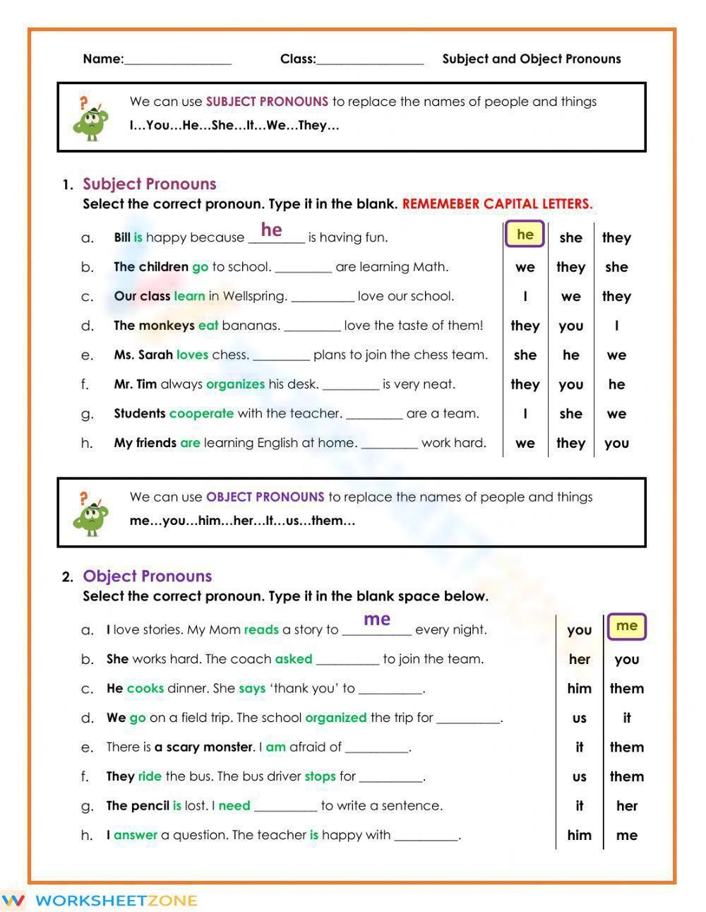 Subject And Object Pronouns Grade 3 Printables Worksheets Library