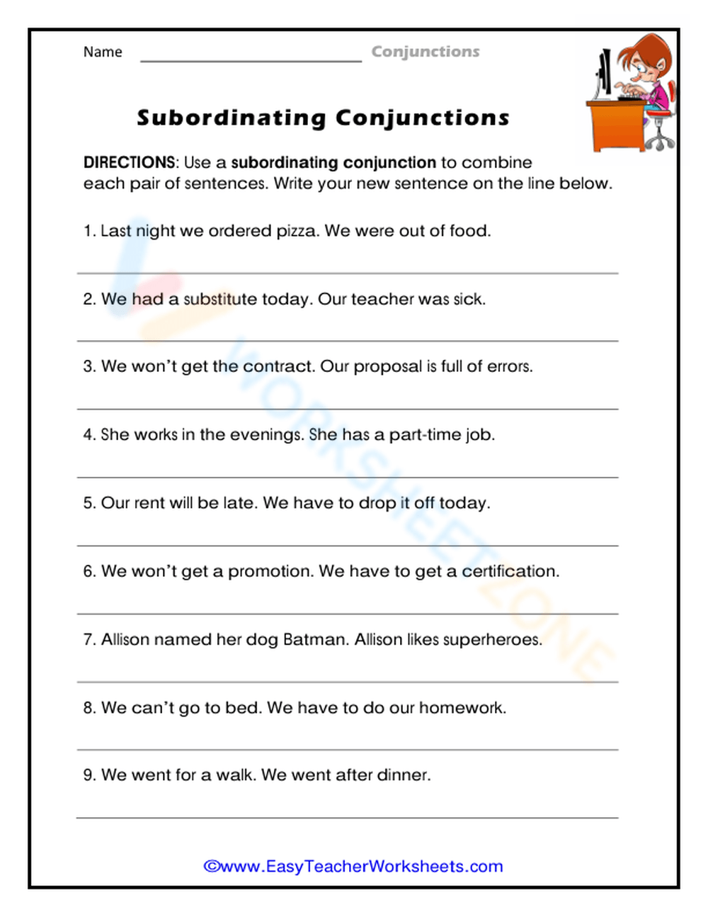 Subordinating Conjunctions Worksheet Worksheets Library