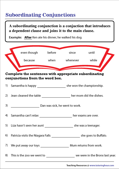 Subordinating Conjunctions Worksheets With Answers Worksheets Master