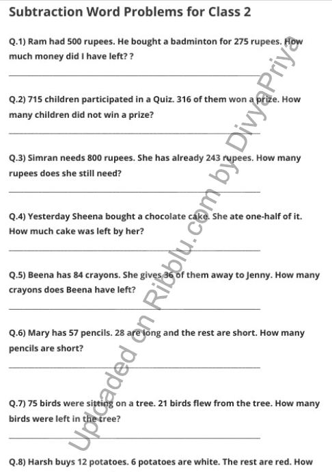 Subtraction Word Problems Worksheets For Class 2