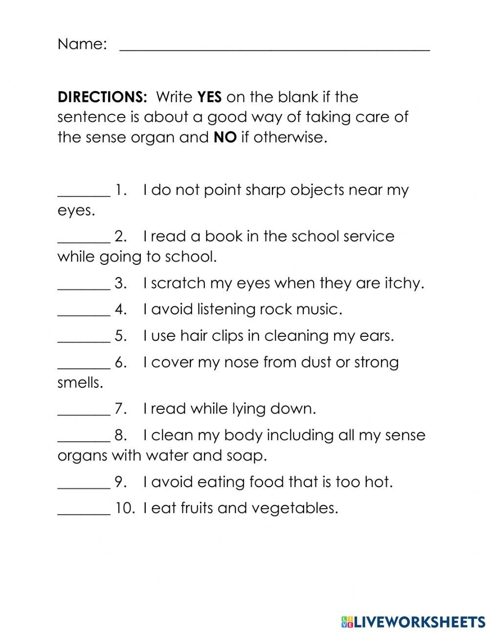 Taking Care Of The Sense Organs Worksheet Kindergarten Worksheets 