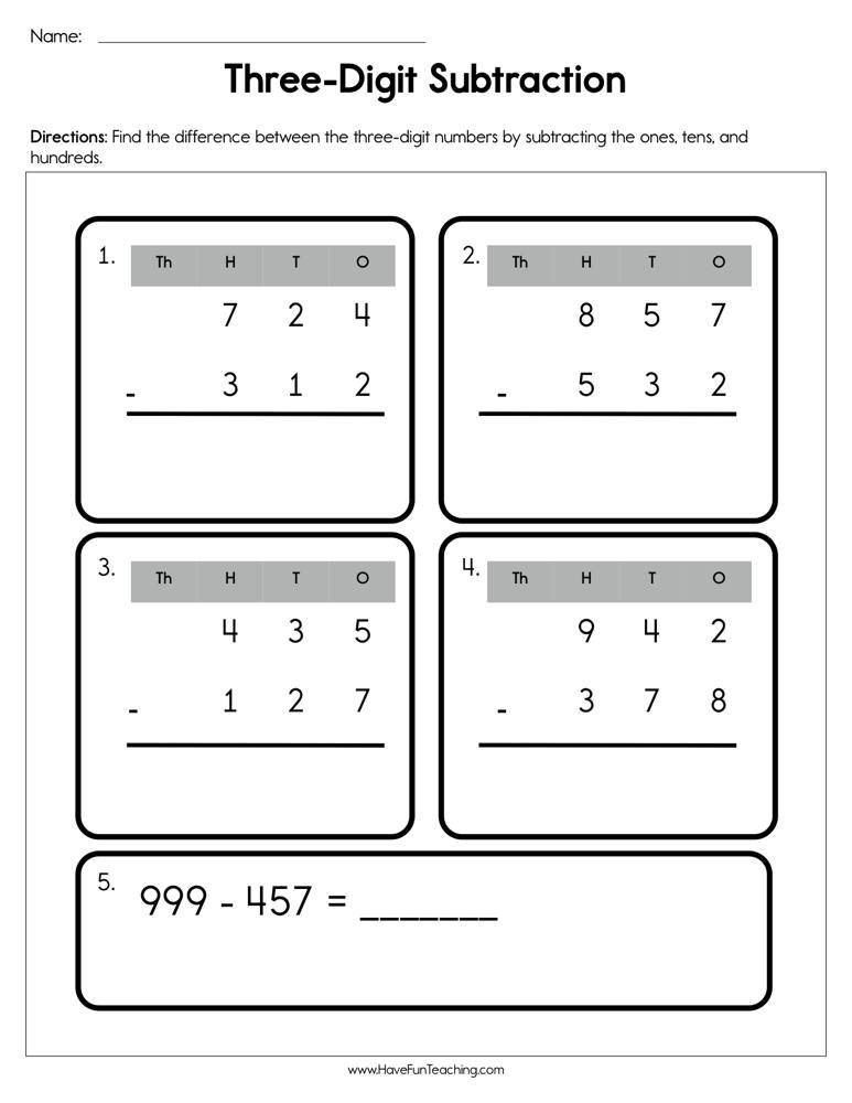 Three Digit Subtraction Worksheet Have Fun Teaching Worksheets Library