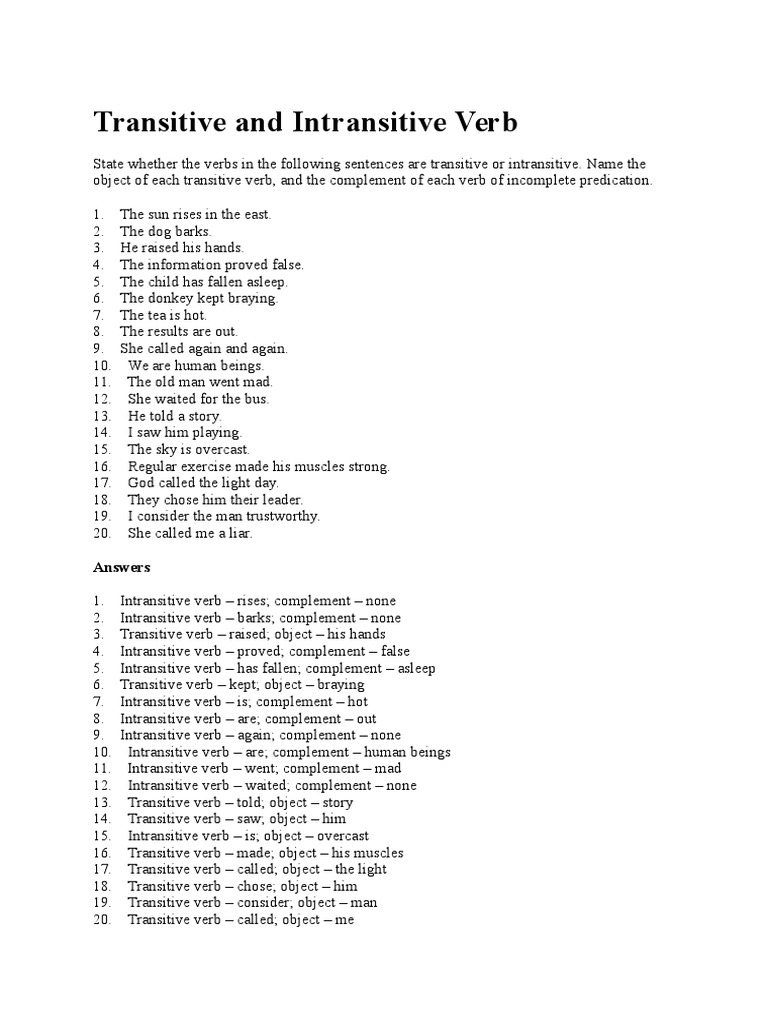 Transitive And Intransitive Verb Answers PDF Verb Object 