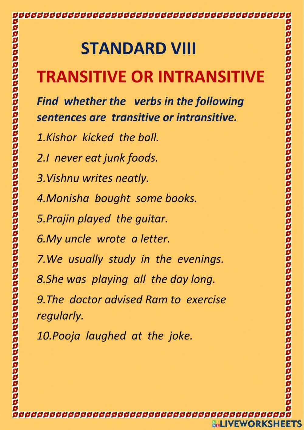 Transitive And Intransitive Verbs Excercies docx Worksheets Library