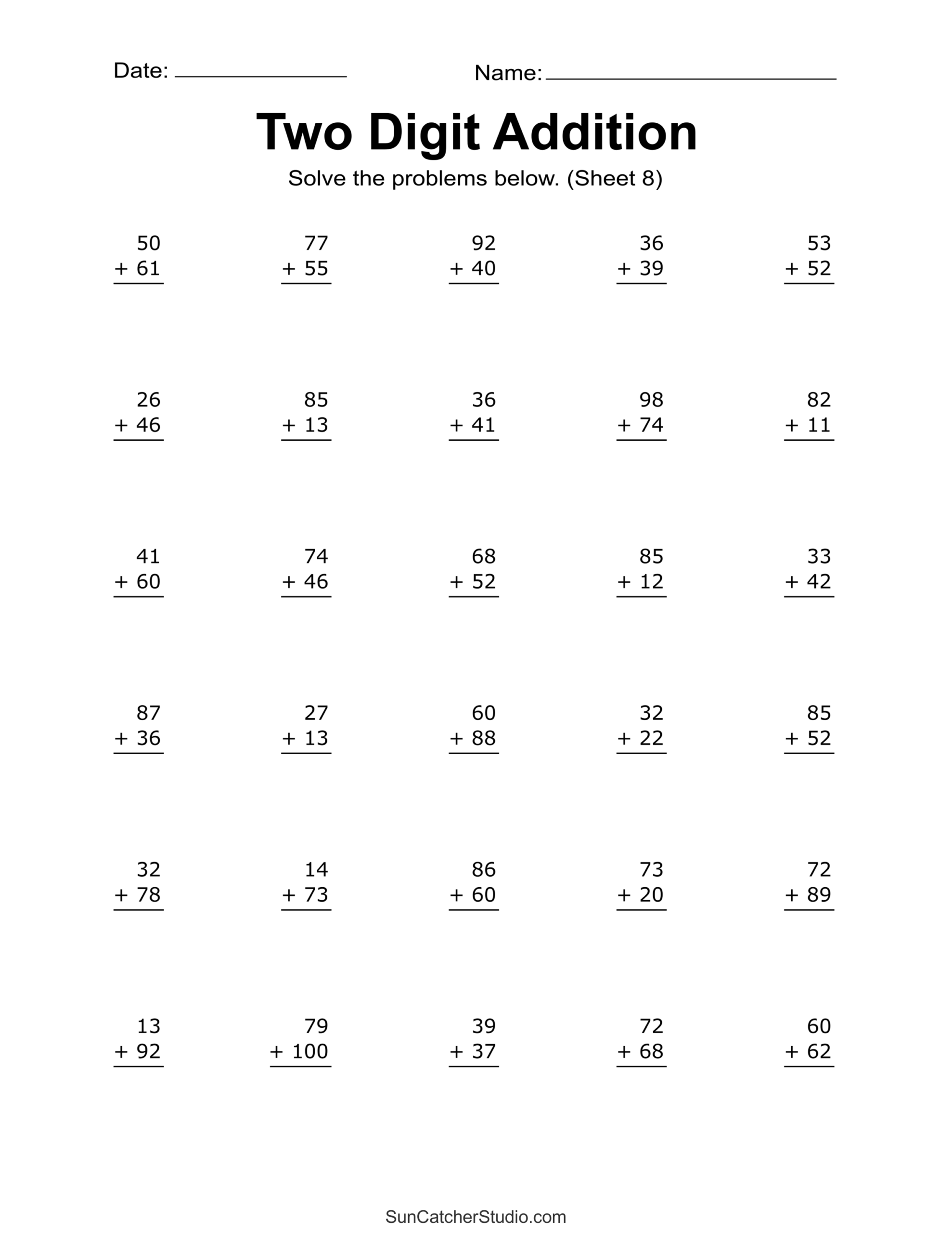 Two Digit Addition Worksheets Printable 2 Digit Problems Free 