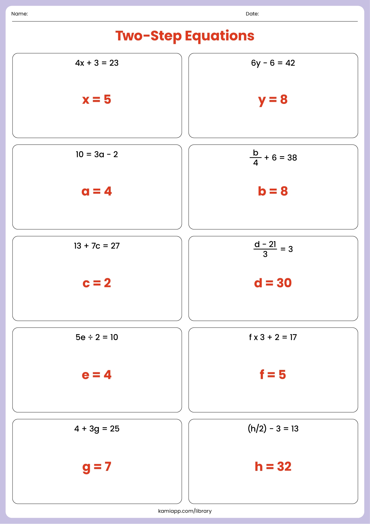 Two Step Equations Answer Key For Teachers Perfect For Grades 