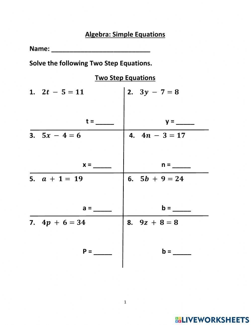 Two Step Equations Worksheets Library