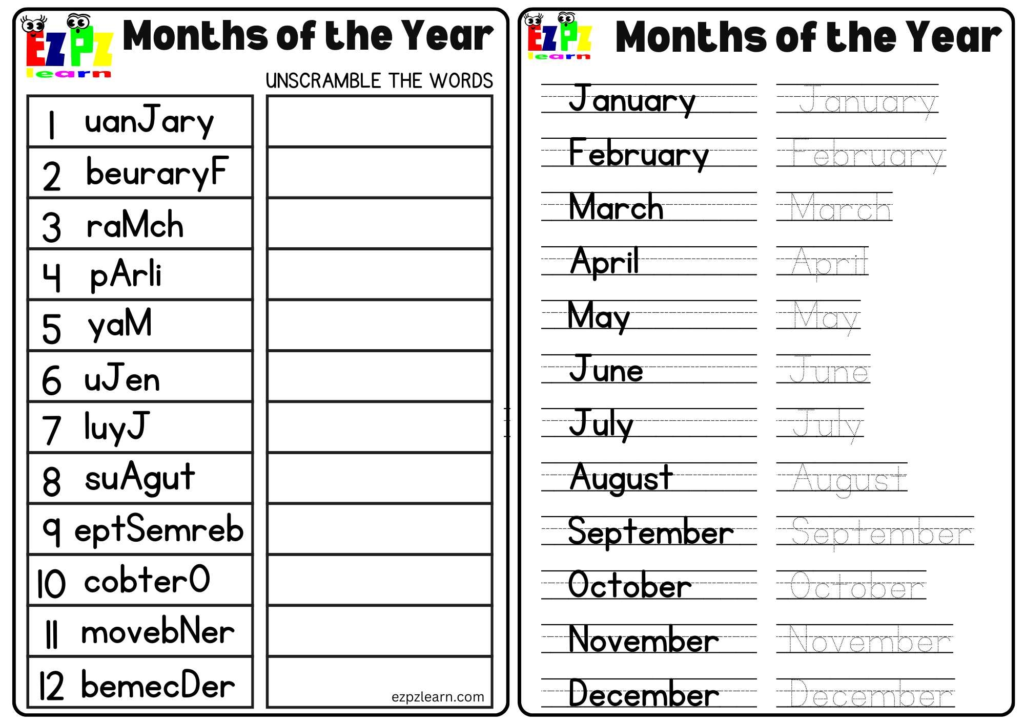 Unscramble The Words Worksheet For Months Of The Year Includes 