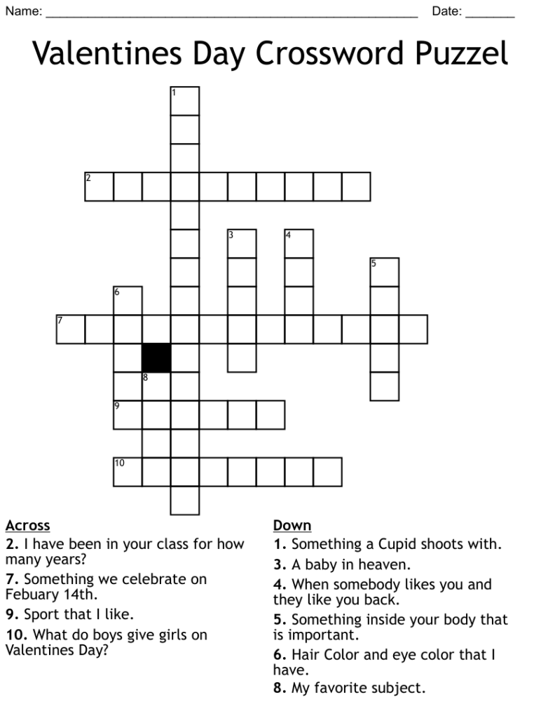 Valentine 39 s Day Crossword Puzzle Free Printable Free Crossword