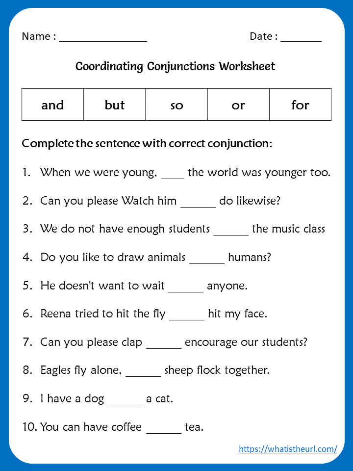 Worksheet Coordinating Conjunctions