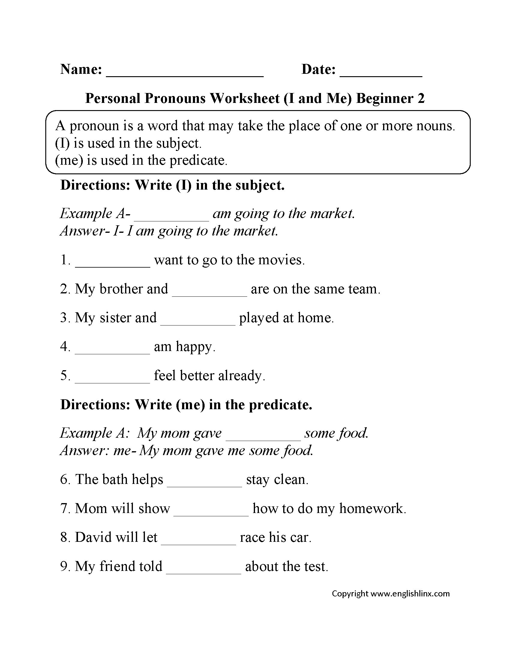 Worksheet Of Pronoun For Class 1