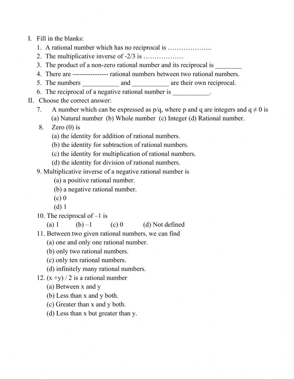 Worksheet On Rational Numbers Class 8 Worksheet Live Worksheets 