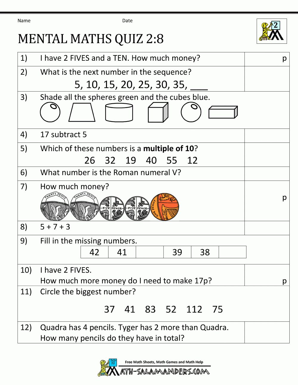 Year 2 Maths Worksheets Printable