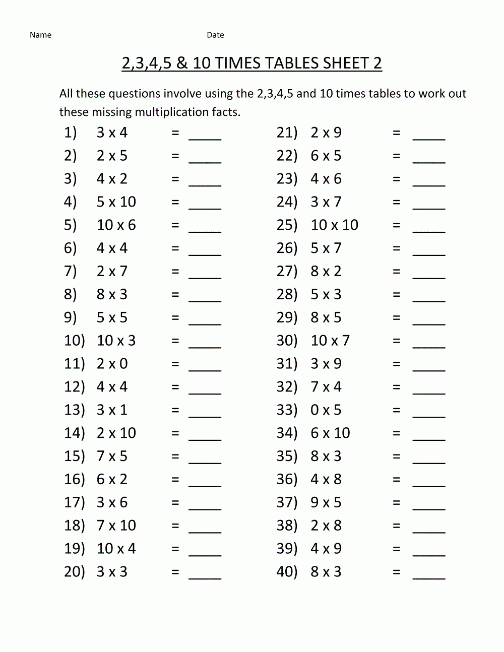 Year 4 Times Tables Practice Free Printable