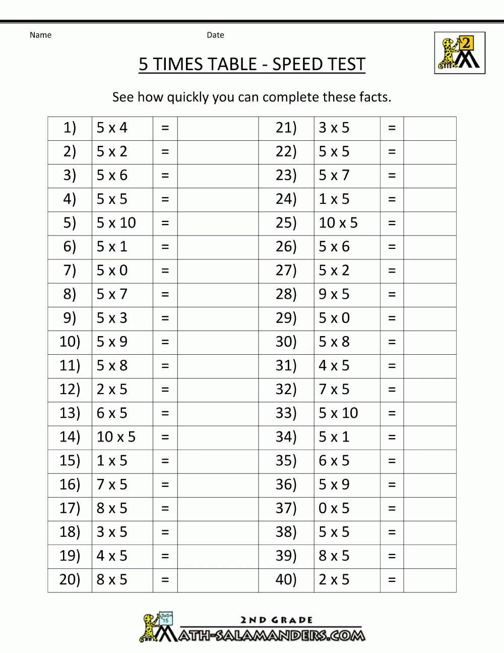 Year 4 Times Tables Test Practice Online Free Printable