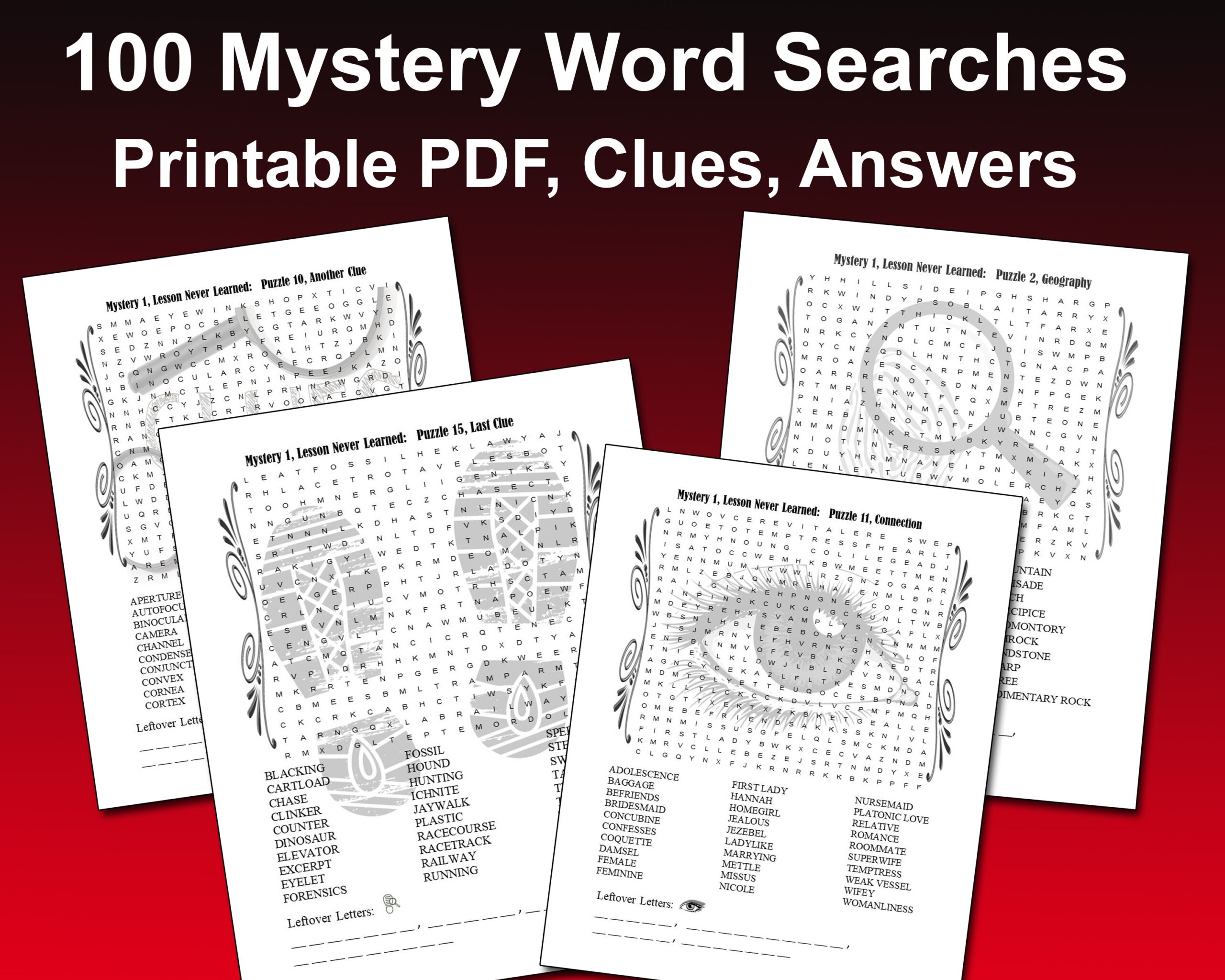 100 Printable Word Search Puzzles Adults Teens Mystery Themed 
