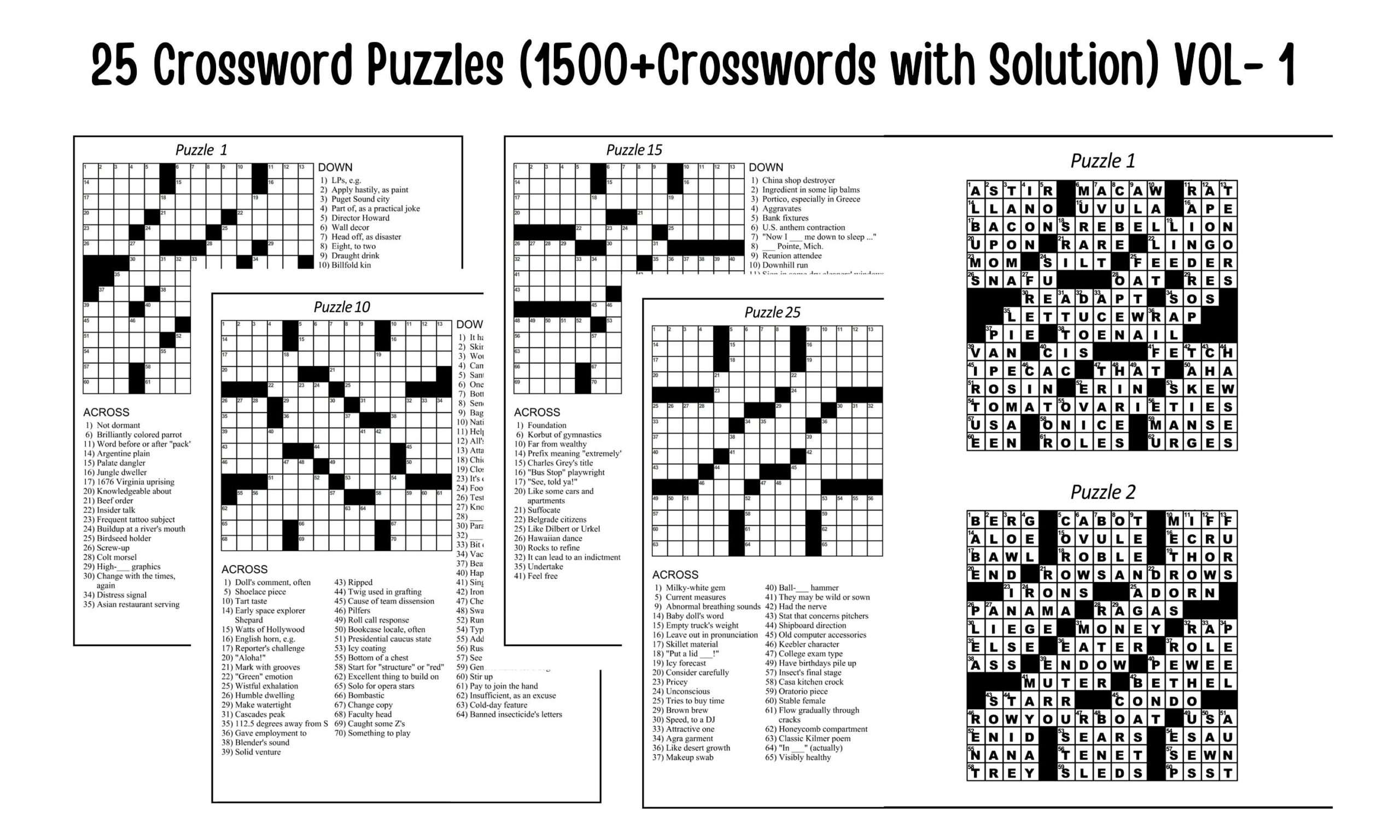 1500 Crosswords 25 Crossword Puzzle With Solutions VOL 1 Digital Printable Pages Instant Download PDF