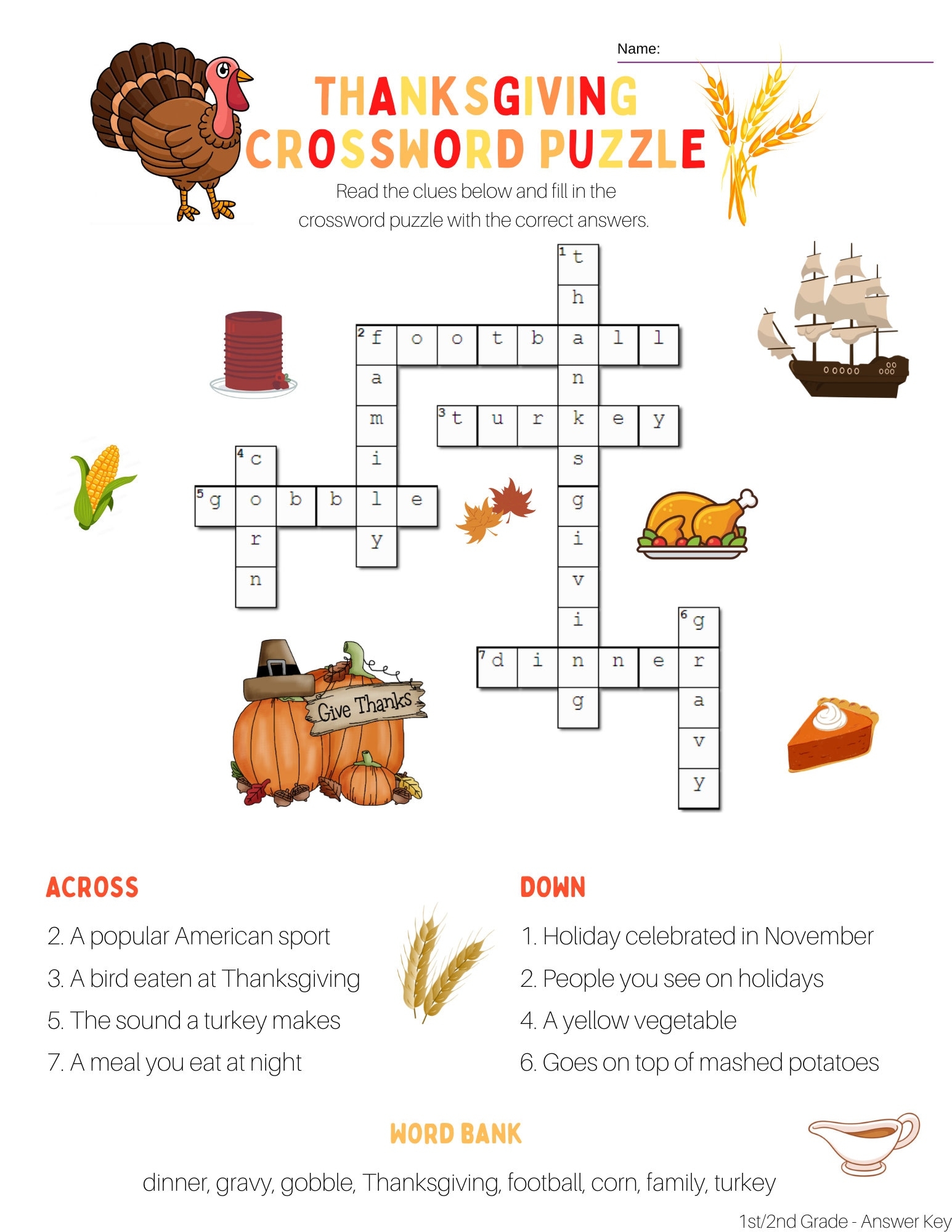 2nd Grade Thanksgiving Crossword Puzzle With Word Bank And Answer 