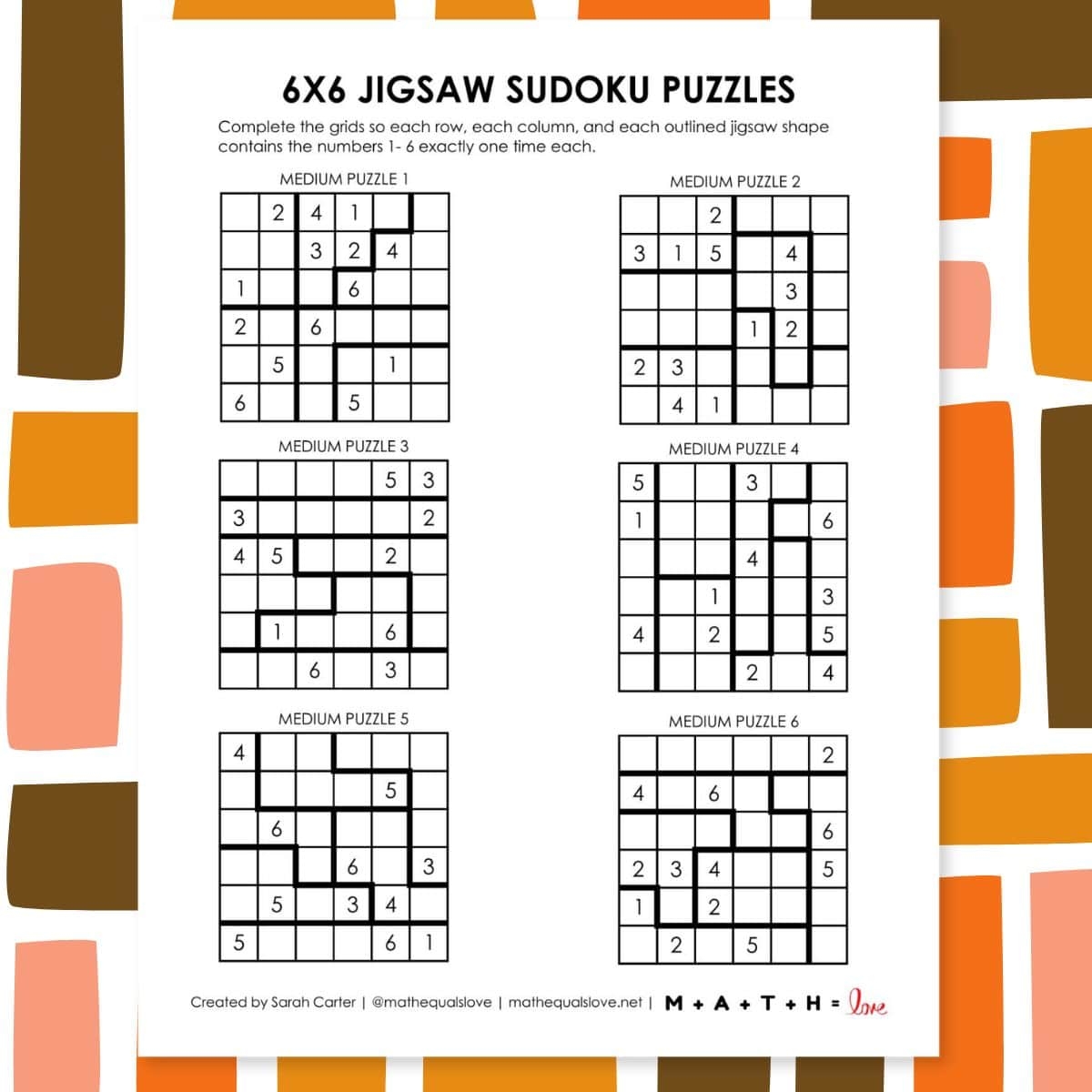 6x6 Jigsaw Sudoku Puzzles Free Printable PDF 