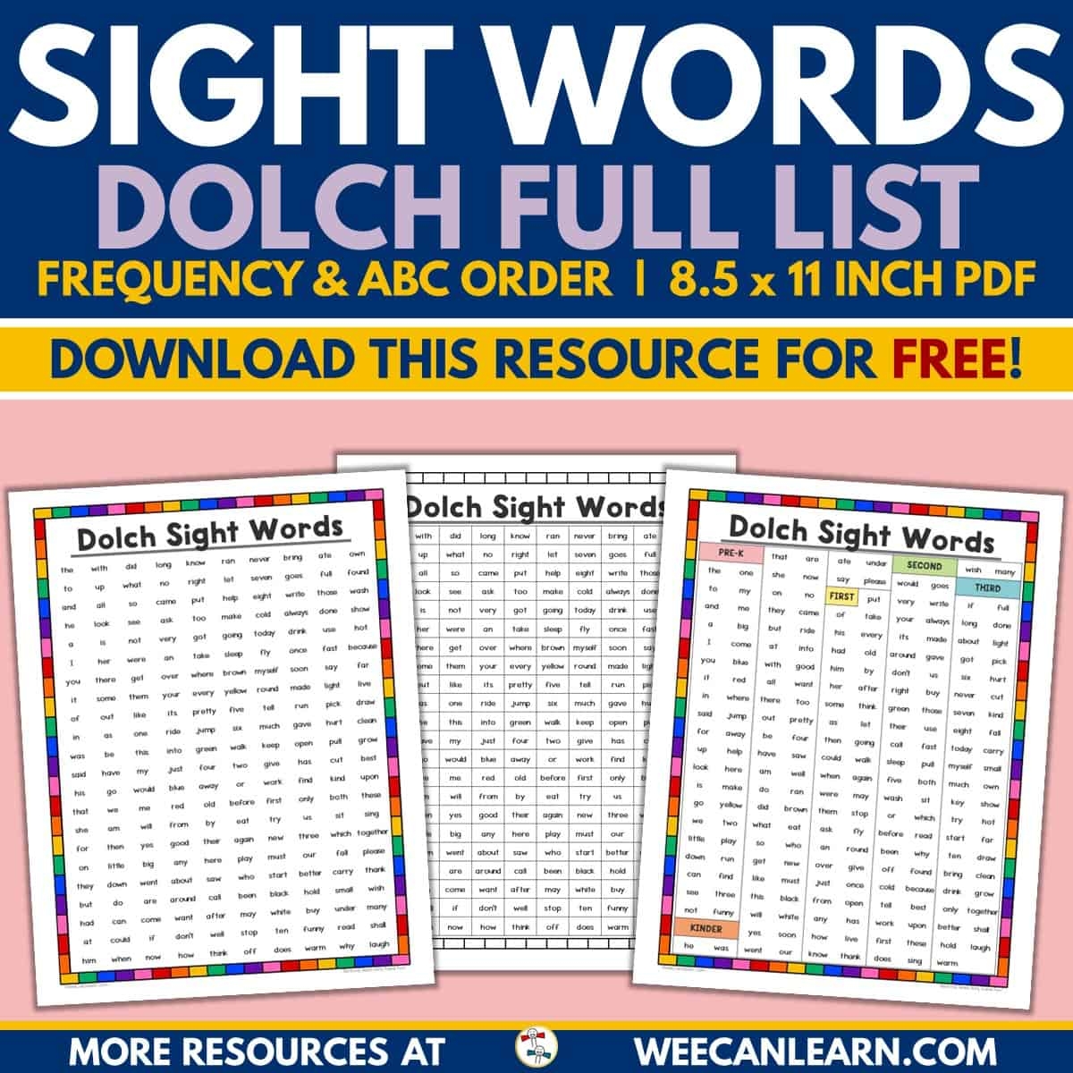 All Dolch Sight Word List Alphabetical Frequency FREE Download 