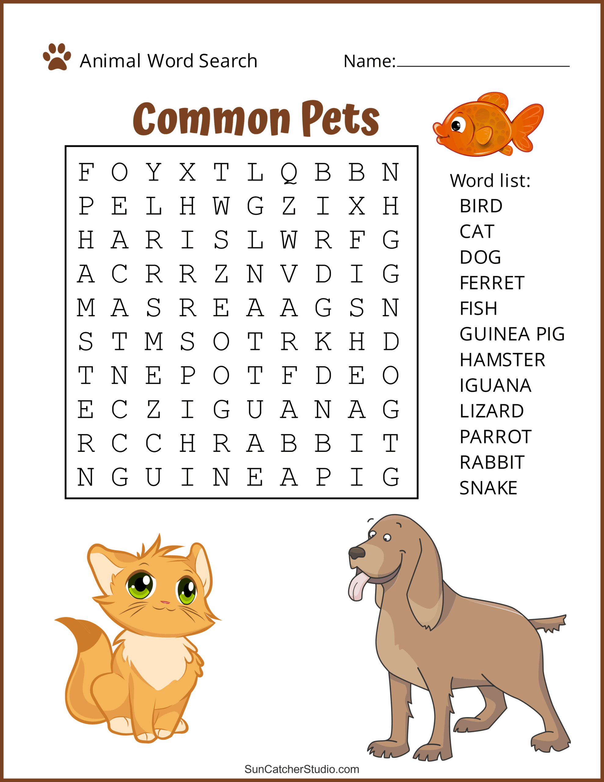 Animal Word Search Free Printable Dog Pet Dinosaur Puzzles 