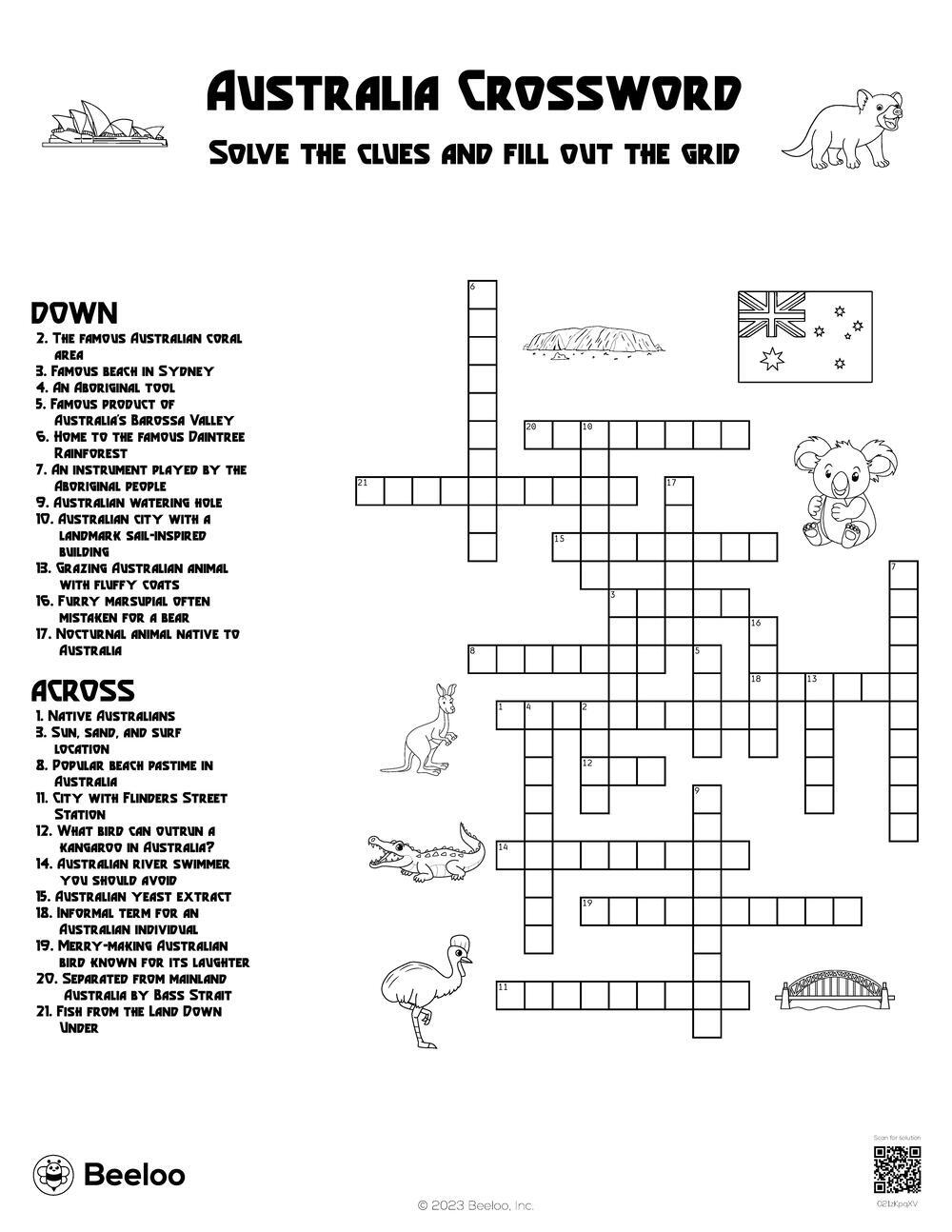 Australia themed Crossword Puzzles Beeloo Printable Crafts And 