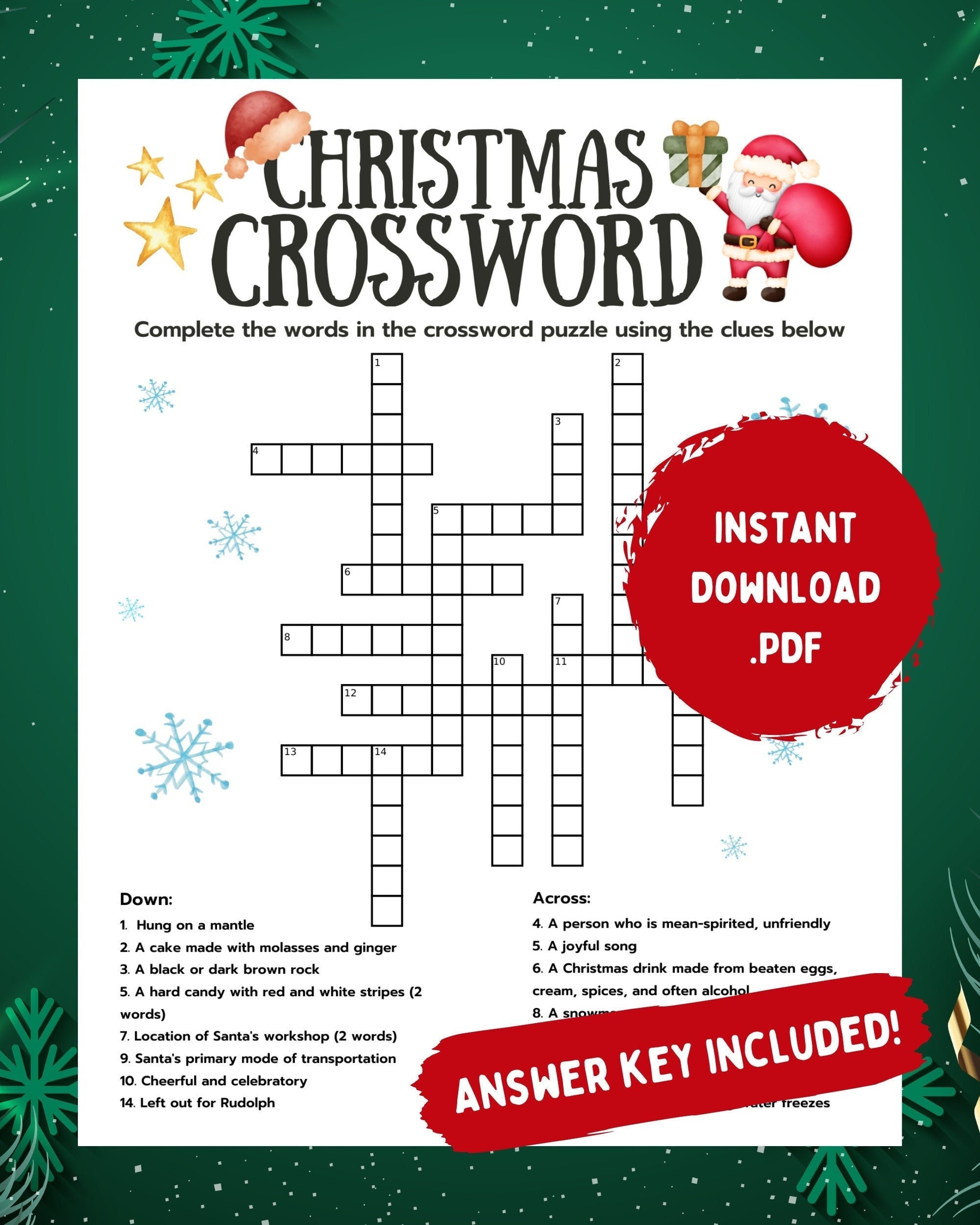 Christmas Crossword Crossword With Answer Key Printable Christmas Crossword Christmas Activities Printable Games Xmas Party Games